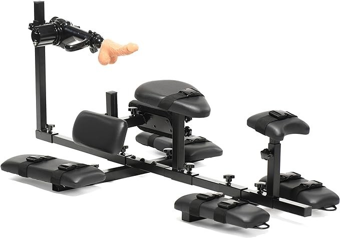 MASTER SERIES Subversion Deluxe Stockade with Sex Machine for Men, Women, & Couples. Durable Steel Frame, Padded Comfort, Multi-Speed Sex Machine. BDSM Furniture. 7 Piece Set, Black.