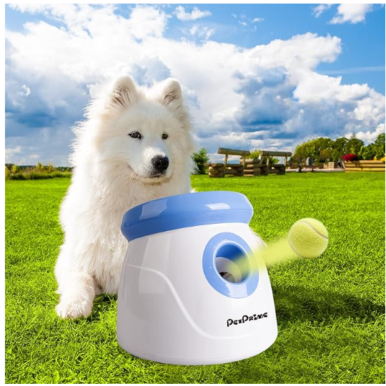 PetPrime Dog Automatic Ball Launcher Dog Interactive Toy Dog Fetch Toy Pet 2'' Thrower Throwing Game 3 Tennis Balls Tennis Mini Size Ball Launcher for Dogs Included Launch Distance 10-30ft